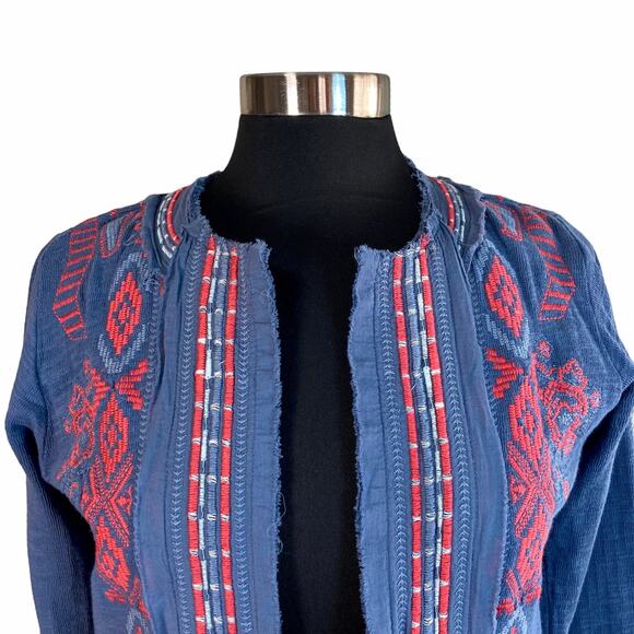 Johnny Was Yatzil Fringe Jacket Blue Red Embroidery Sz Small Boho Western Hippie - Picture 3 of 10